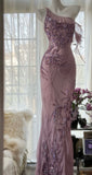 Pretty Mermaid One Shoulder Chiffon Sequin Long Prom Dresses Formal Dress HZ1024