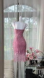 Sparkly Pink Mermaid Spaghetti Straps Sequin Tassel Short Homecoming Dress 19th Birthday Outfits HZ1024