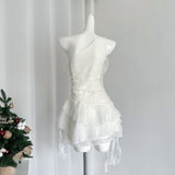 White A Line One Shoulder Chiffon Ruffles Short Homecoming Dress 16th Birthday Outfits HZ1024