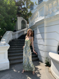 Elegant Mermaid Spaghetti Straps Satin Printed Lace Long Prom Dresses Formal Dress HZ1024