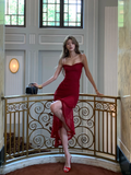 Burgundy Mermaid Spaghetti Straps Satin Long Prom Dresses Formal Dress HZ1024