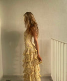 Stunning A Line Strapless Chiffon Printed Tiered Long Prom Dresses Formal Dress HZ1024