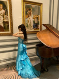 Unique Mermaid Sapghetti Straps Blue Satin Tulle Sequin Long Prom Dresses Formal Dress HZ1024