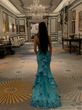 Unique Mermaid Sapghetti Straps Blue Satin Tulle Sequin Long Prom Dresses Formal Dress HZ1024
