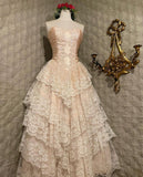 Classy Ball Gown Strapless Satin Lace Tiered Long Prom Dresses Formal Dress HZ1024