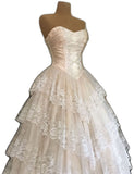Classy Ball Gown Strapless Satin Lace Tiered Long Prom Dresses Formal Dress HZ1024