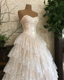 Classy Ball Gown Strapless Satin Lace Tiered Long Prom Dresses Formal Dress HZ1024