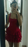 Burgundy A Line Halter Satin Tiered Short Homecoming Dress 17th Birthday Outfits HZ1024