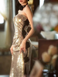 Sexy Mermaid Strapless Sequin Gold Prom Dresses HZ1024