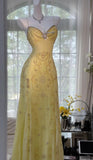 Gorgeous Mermaid Sapghetti Straps Yellow Satin Chiffon Beads Long Prom Dresses Formal Dress HZ1024
