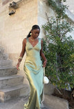 Pretty Mermaid V Neck Satin Lace Long Prom Dresses Formal Dress HZ1024