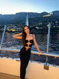 Special Mermaid Spaghetti Straps Black Satin Hollow Long Prom Dresses Formal Dress HZ1024