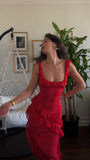Pretty Mermaid U Neck Red Chiffon Ruffles Slit Long Prom Dresses Formal Dress HZ1024