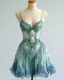Vintage A Line Spaghetti Straps Gradient Chiffon Applique Short Homecoming Dress 17th Birthday Outfits HZ1024