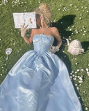 Princess A Line Strapless Pale Blue Satin Lace Long Prom Dresses Formal Dress HZ1024