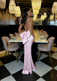 Special Mermaid Spaghetti Straps Pink Satin Backless With Bow Long Prom Dresses Formal Dress HZ1024