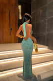 Stunning Mermaid Halter Satin Sequin Backless Long Prom Dresses Formal Dress HZ1024