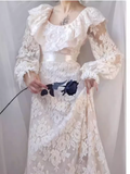 Vintage A line U Neckline Long Sleeves Lace White Wedding Dresses HZ1024