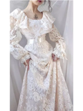 Vintage A line U Neckline Long Sleeves Lace White Wedding Dresses HZ1024