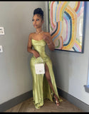 Simple Mermaid Halter Satin Slit Long Prom Dresses Formal Dress HZ1024
