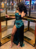 Chic Mermaid Strapless Teal Satin Pleated Slit Long Prom Dresses Formal Dress HZ1024