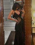 Stunning A Line Spaghetti Straps Black Ruffles Chiffon Lace Long Prom Dresses Formal Dress HZ1024