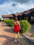 Cute A Line Red Halter Satin Backless Short Homecoming Dress 17th Birthday Outfits HZ1024