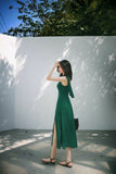 Square A Line Green Satin Slit Long Prom Dresses Formal Dress HZ1024