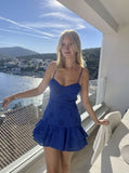 Tight Royal Blue A Line Spaghetti Straps Satin Hollow Short Homecoming Dress 18th Birthday Outfits HZ1024