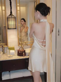 Sexy A line Halter Champagne Short Homecoming Dress 19th Birthday Outfits HZ1024
