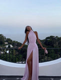 Loose A Line Halter Pink Chiffon Slit Long Prom Dresses Formal Dress HZ1024