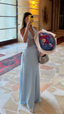 Pretty A Line Halter Satin Lace Long Prom Dresses Formal Dress HZ1024