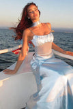 Pretty Mermaid Spaghetti Straps Satin Waist With Sheer Tulle Long Prom Dresses Formal Dress HZ1024