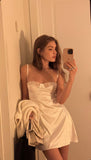 Sexy A Line Spaghetti Straps Satin Lace Mini Short Homecoming Dress 21th Birthday Outfits HZ1024
