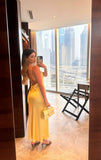 Yellow Mermaid Spaghetti Straps Satin Backless Long Prom Dresses Formal Dress HZ1024