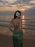 Simple Mermaid Strapless Green Satin Long Prom Dresses Formal Dress HZ1024