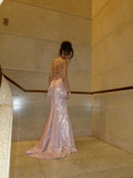 Shiny Light Pink Mermaid Spaghetti Straps Satin Sequin Long Prom Dresses Formal Dress HZ1024
