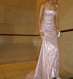 Shiny Light Pink Mermaid Spaghetti Straps Satin Sequin Long Prom Dresses Formal Dress HZ1024