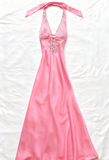 Modest A Line Halter Satin Beads Long Prom Dresses Formal Dress HZ1024