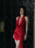 Chic Burgundy Mermaid Halter Satin Short Homecoming Dress 20th Birthday Outfits HZ1024