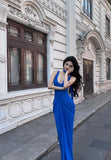 Unique Royal Blue Mermaid V Neck Satin Long Prom Dress,Formal Evening Dress HZ1024