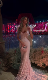 Pink Mermaid Sweetheart Tulle Sequin Flower With Short Bubble Sleeves Long Prom Dress, Evening Dress HZ1024