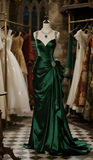 Formal Dark Green Mermaid Beaded Straps Satin Pleated Long Prom Dress, Evening Dress HZ1024