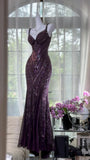 Grape Mermaid Spaghetti Straps Chiffon Sequin Long Prom Dress, Evening Dress HZ1024