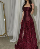 Shiny A Line Strapless Satin Tulle Sequin Long Prom Dress, Evening Dress HZ1024
