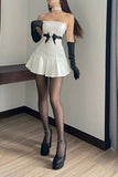Strapless Sleeveless Floral Pleated Satin A-Line Mini Homecoming Dress HZ1024