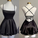A Line Spaghetti Straps Backless Homecoming Dresses Black Birthday Outfits HZ1024