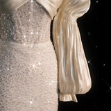 Fairytale White Satin Wedding Dress Ivory Satin Sequins Puff Sleeve Wedding Dress HZ1024