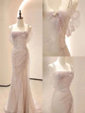 Vintage Mermaid Straps Pink Tulle Long Prom Dress HZ1024