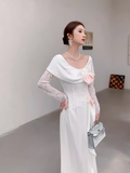 Vintage A Line Long Sleeves White Silk Satin Long Prom Dresses HZ1024